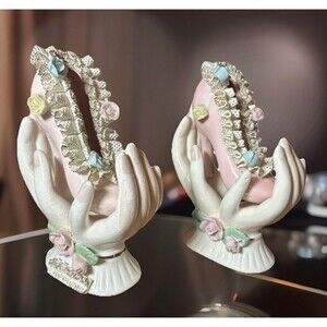 Porcelain Hands Holding High Heel Shoe Colorful Roses Gold Trim Japan Set 2 Vtg